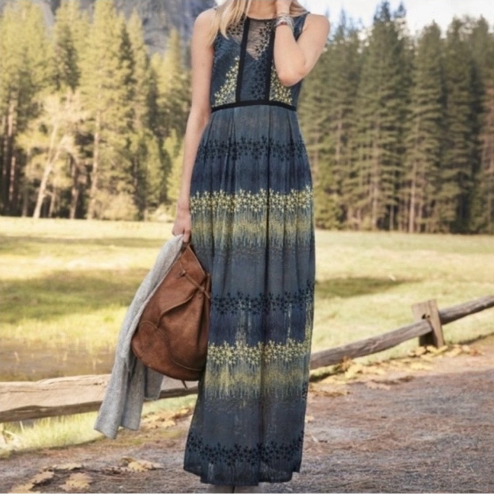 Sundance Navy and Olive Green Patterned Maxi Dress